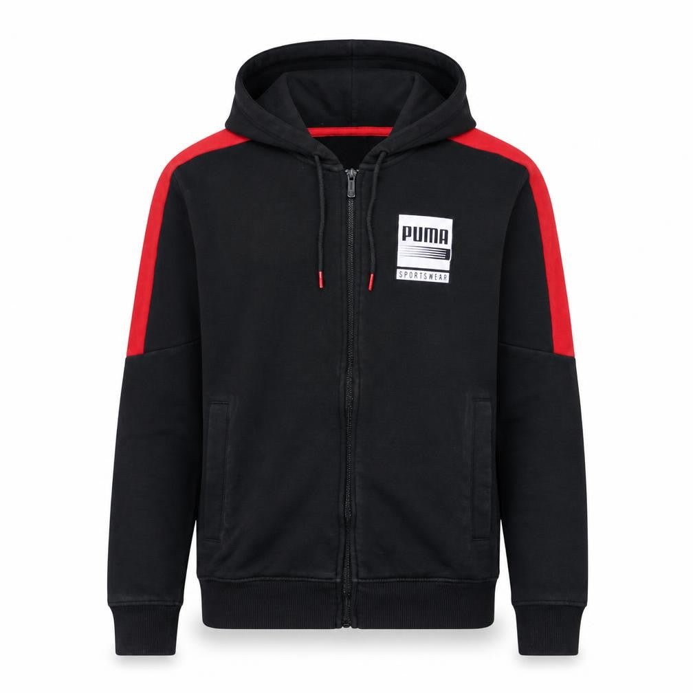 Front view of Puma Men's Black Full Zip Hoodie, size S, Sportswear Logo Fleece
