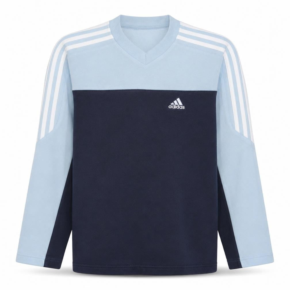 Front view of Adidas boys’ blue colourblock v-neck pullover sweatshirt, size 13-14, years