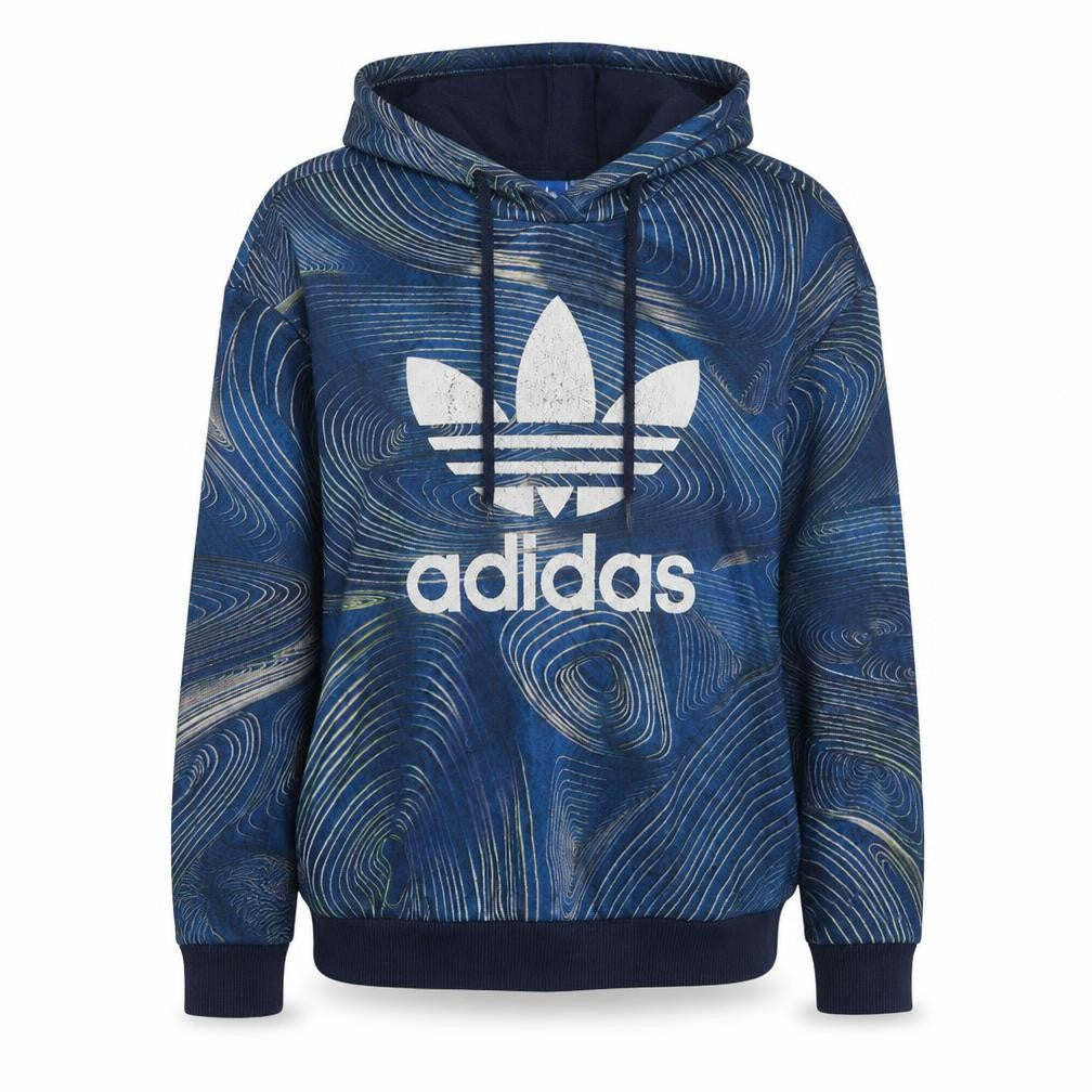 Front view of Adidas women’s blue graphic pullover hoodie, size UK 16
