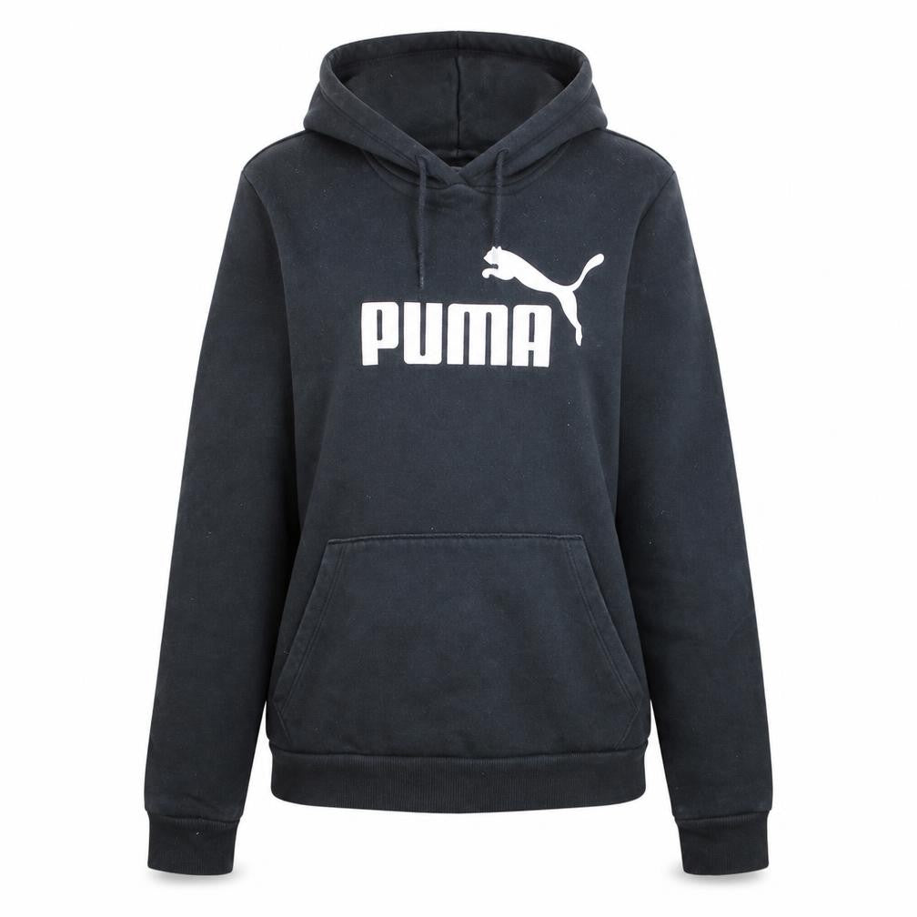 Front view of Puma women’s black logo pullover hoodie, size UK 12