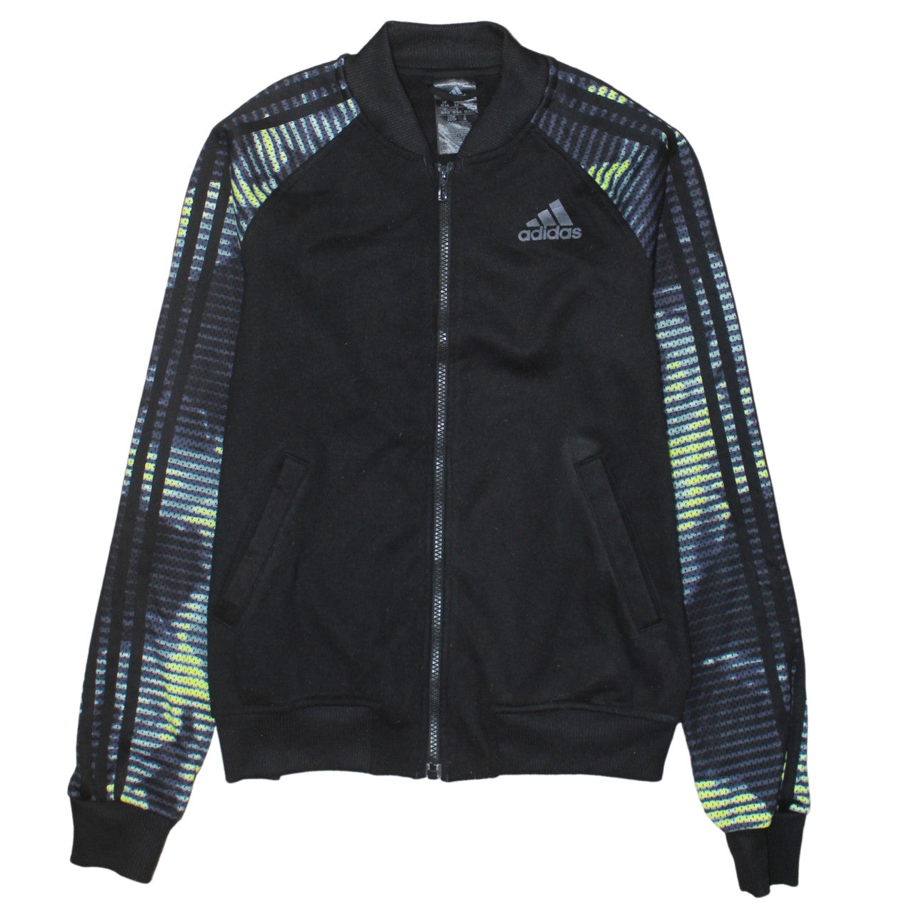 Adidas Womens Black XS Full Zip Hoodie with Patterned Sleeves