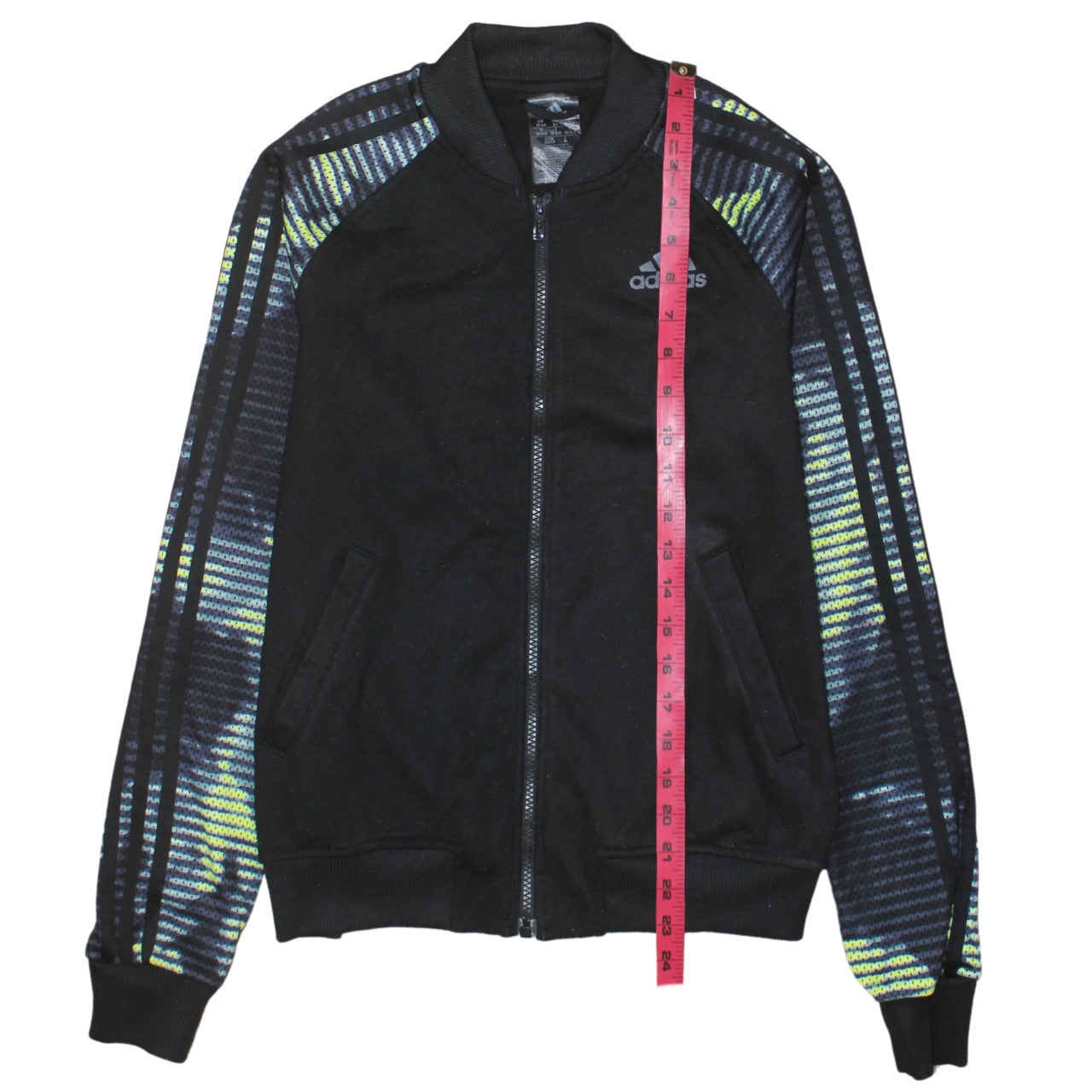 Adidas Womens Black XS Full Zip Hoodie with Patterned Sleeves
