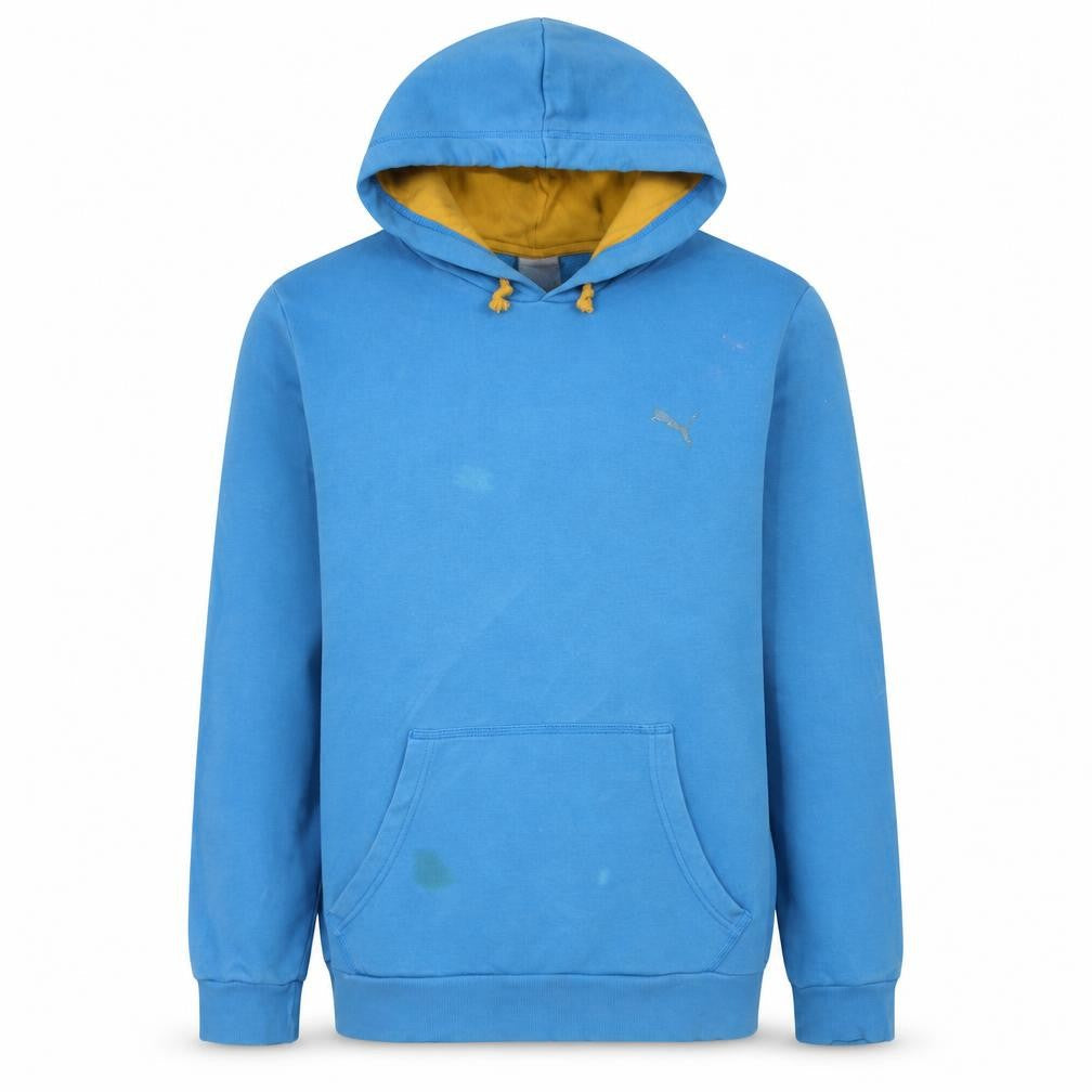 Front view of Puma Men's Blue Pullover Hoodie, size L, with Logo Detail