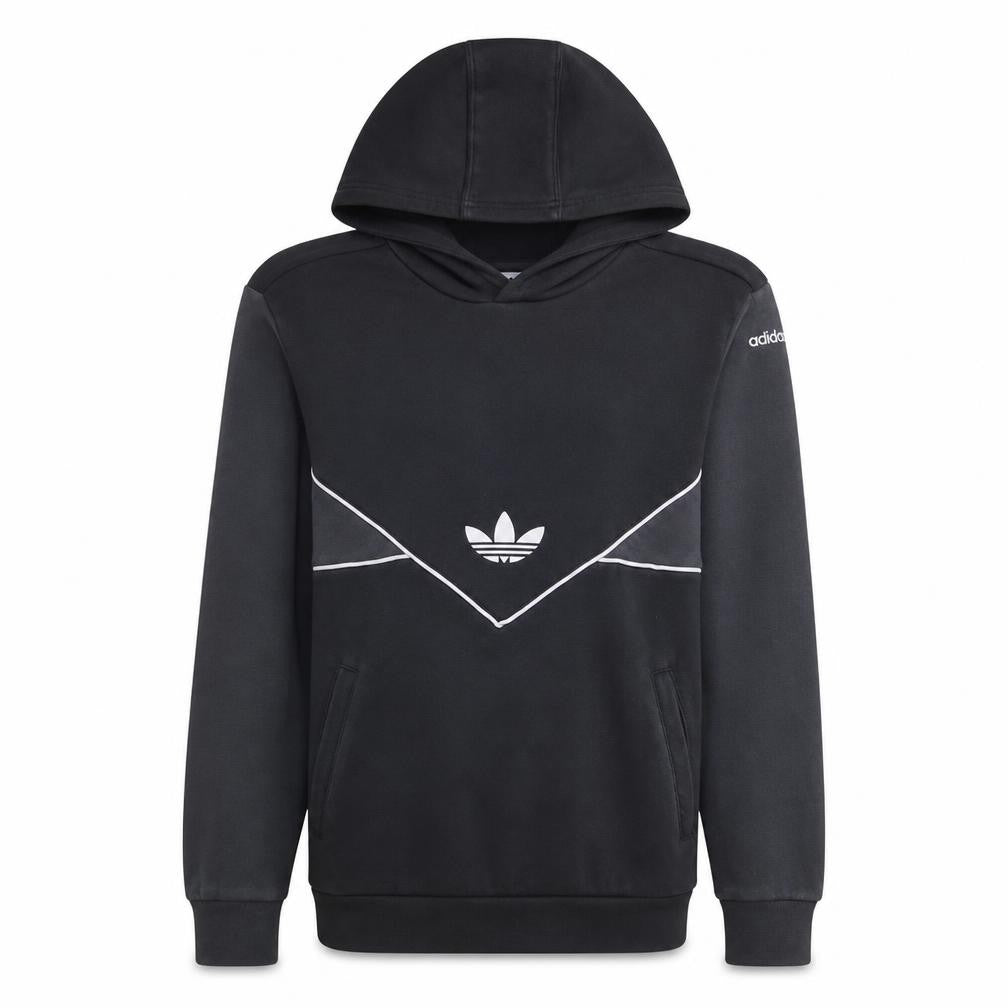 Front view of Adidas boys’ black pullover hoodie 13-14 years graphic print cotton blend