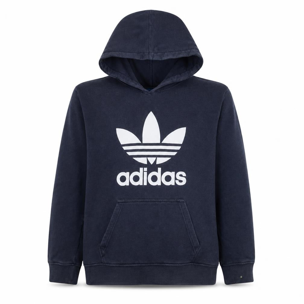 Front view of Adidas men’s blue pullover hoodie s graphic trefoil sweatshirt