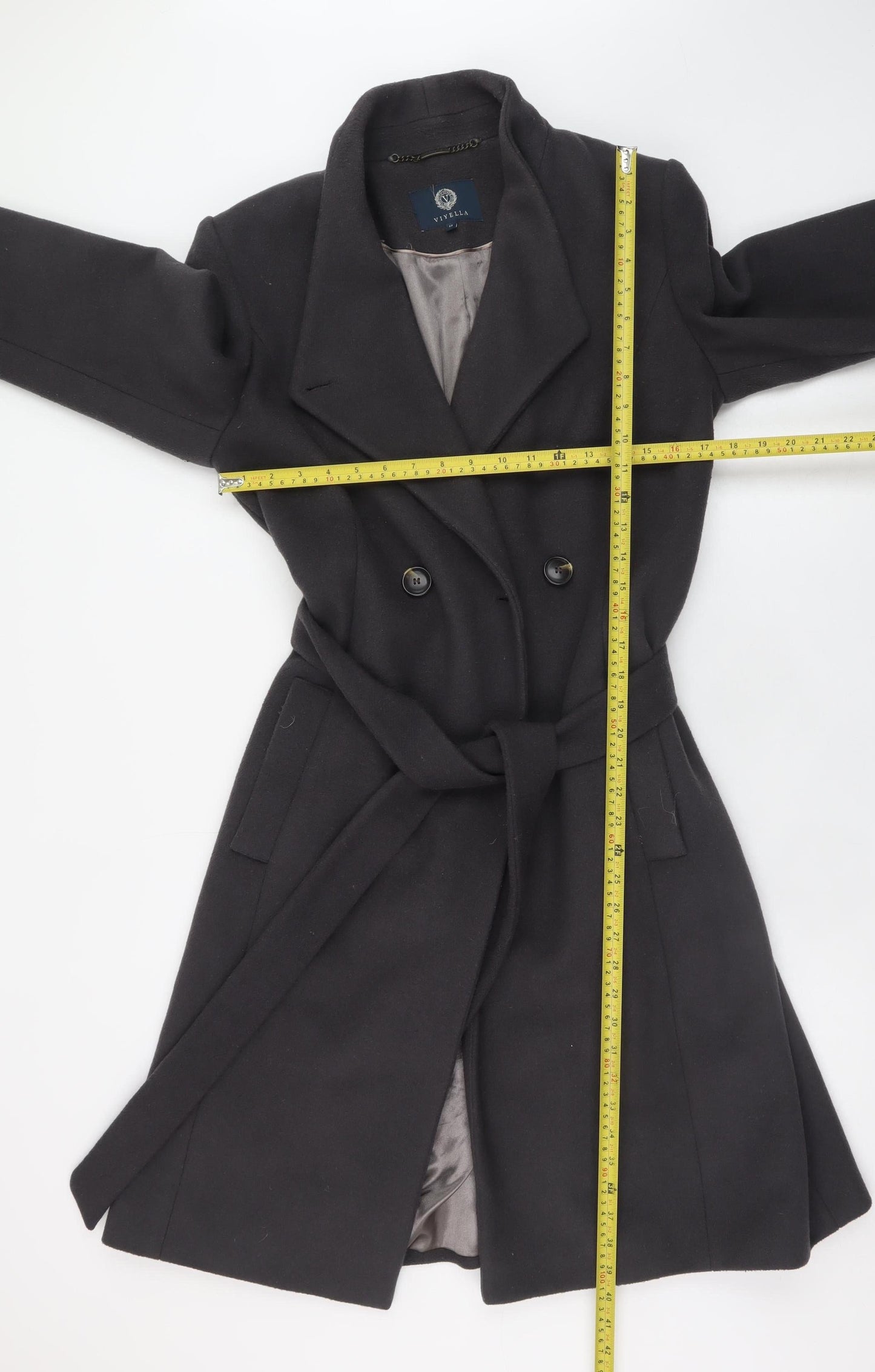 Viyella Women's Black Wool Blend Belted Mid-Length Overcoat Size 12
