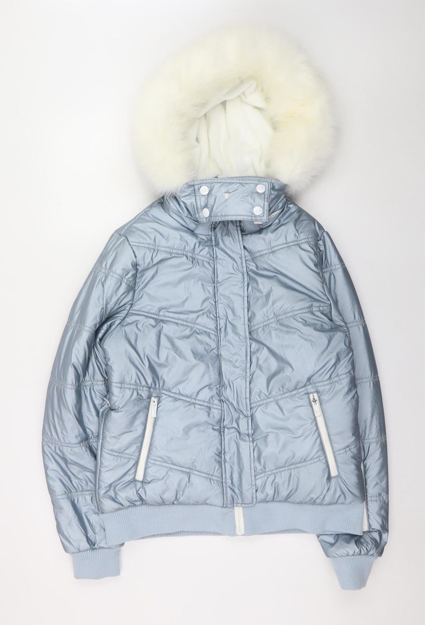 Topshop Womens Silver Puffer Jacket Hooded Faux Fur Trim Size 14