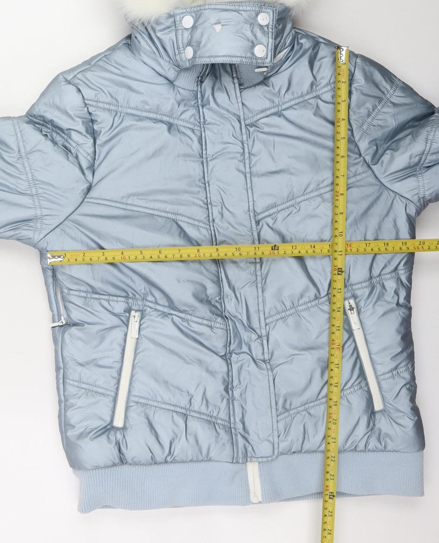 Topshop Womens Silver Puffer Jacket Hooded Faux Fur Trim Size 14