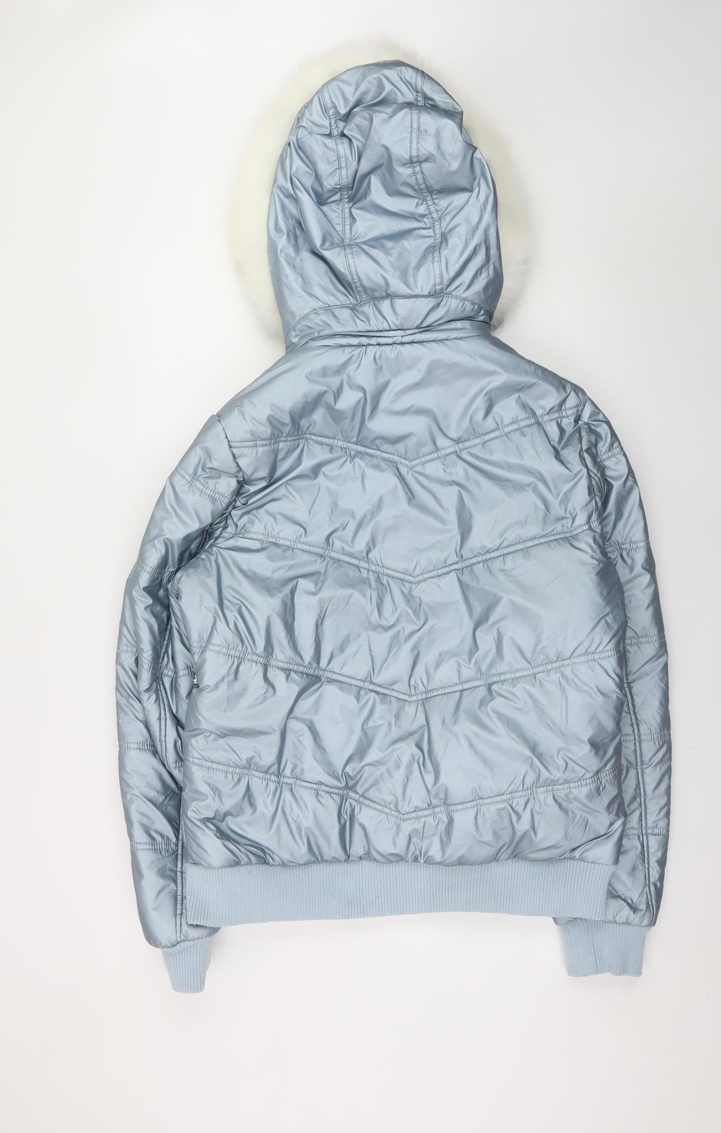 Topshop Womens Silver Puffer Jacket Hooded Faux Fur Trim Size 14