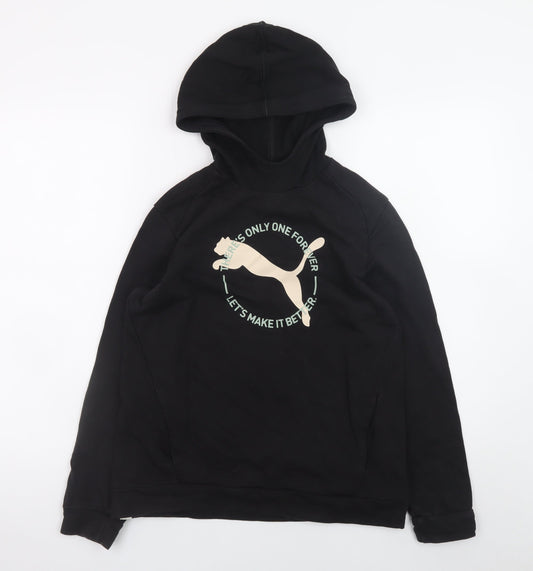 Puma Boys Black Pullover Hoodie 13-14 Years Cotton Viscose Logo Sweatshirt