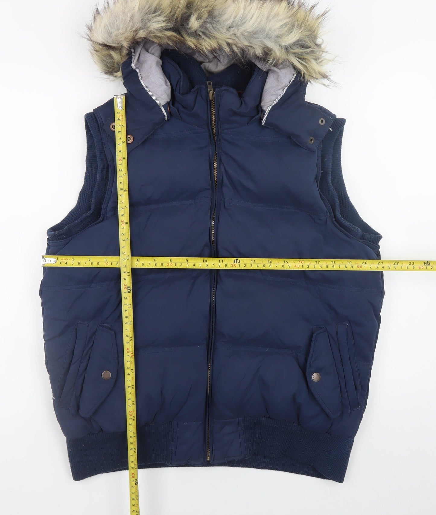 Uneek Womens Blue 2XL Hooded Puffer Waistcoat with Faux Fur Trim