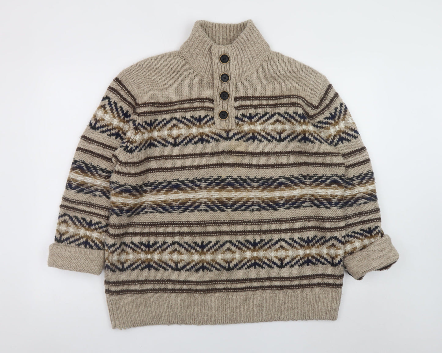 Mantaray Men's Beige Fair Isle Henley Jumper L Wool Blend Knit