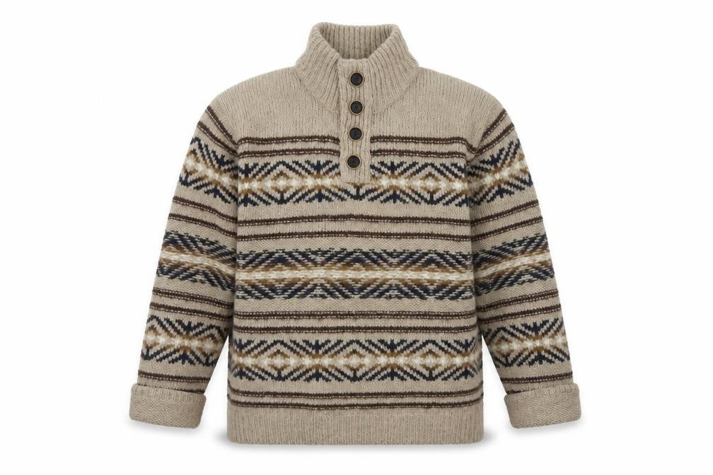 Front view of Mantaray Men's Beige Fair Isle Henley Jumper L Wool Blend Knit