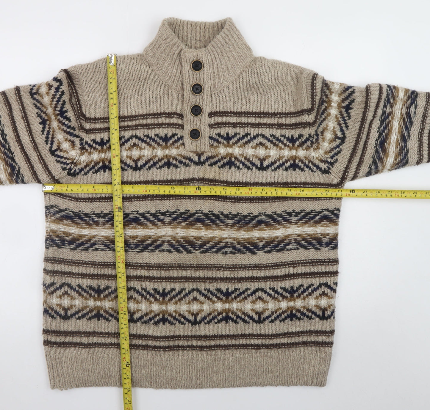 Mantaray Men's Beige Fair Isle Henley Jumper L Wool Blend Knit