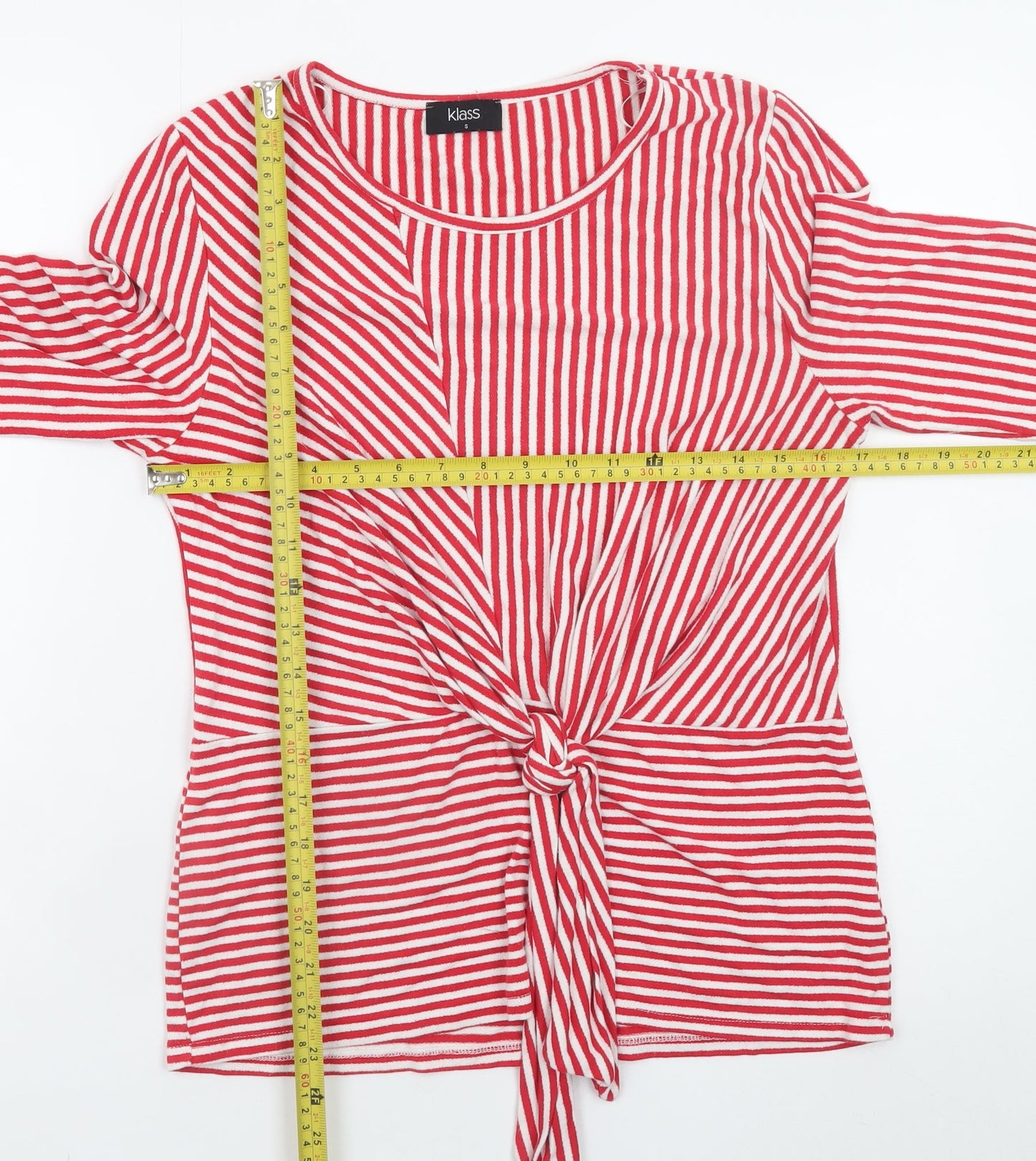 Klass Women's Red Striped Tie Front Long Sleeve Tunic Blouse Size S