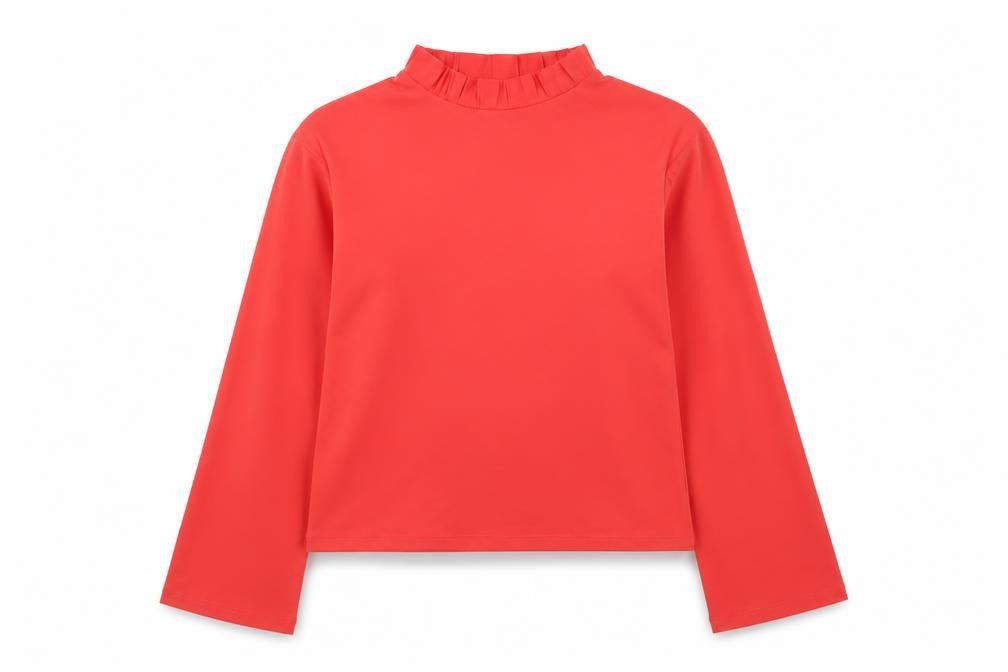 Oliver Bonas Women Red Long Sleeve Mock Neck Cotton T-Shirt Size 6