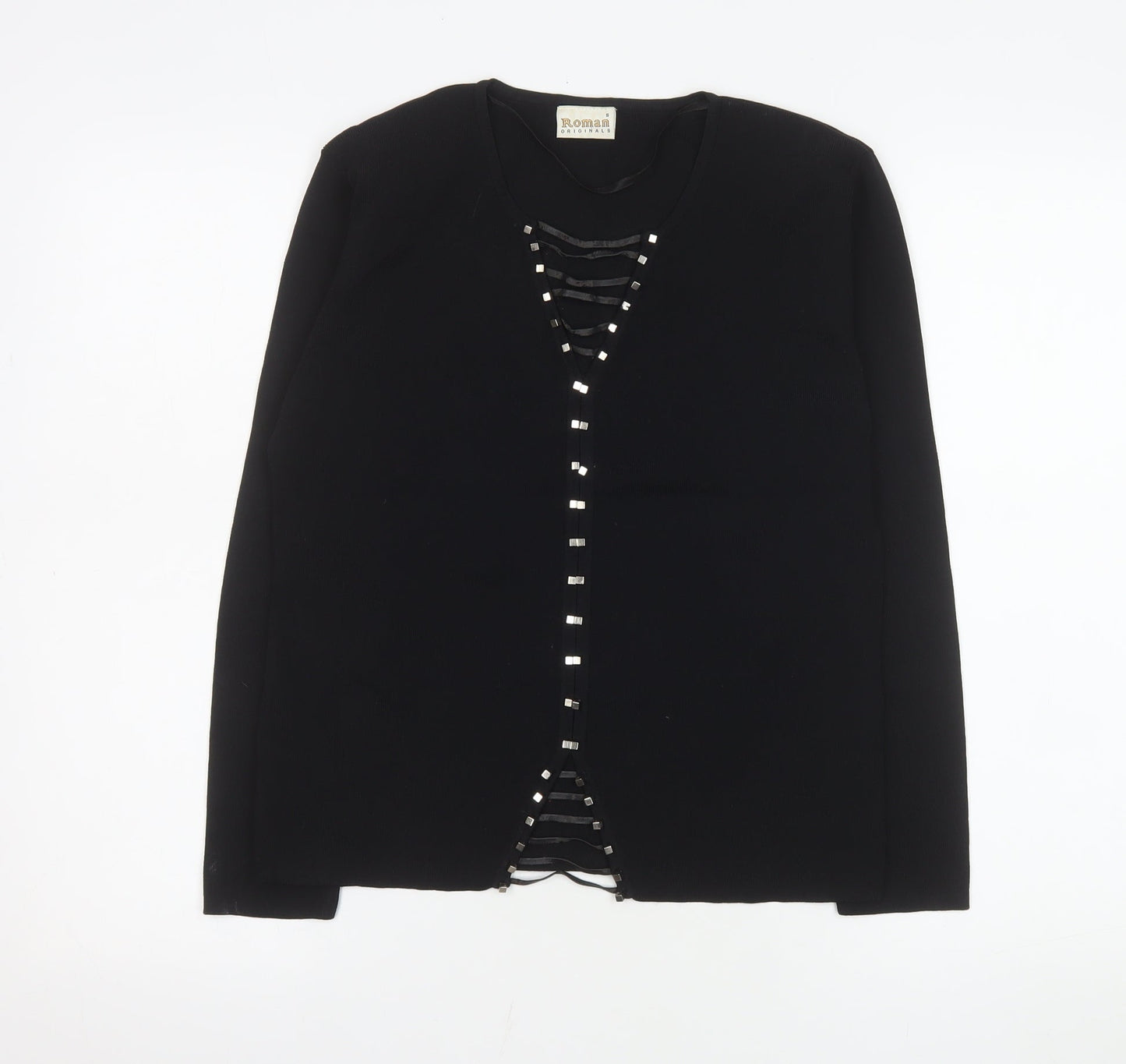 Roman Originals Women Black Studded V-Neck Long Sleeve Knit Blouse Size S