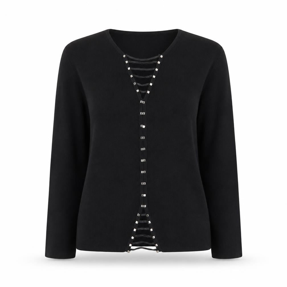 Front view of Roman Originals Women Black Studded V-Neck Long Sleeve Knit Blouse, size S