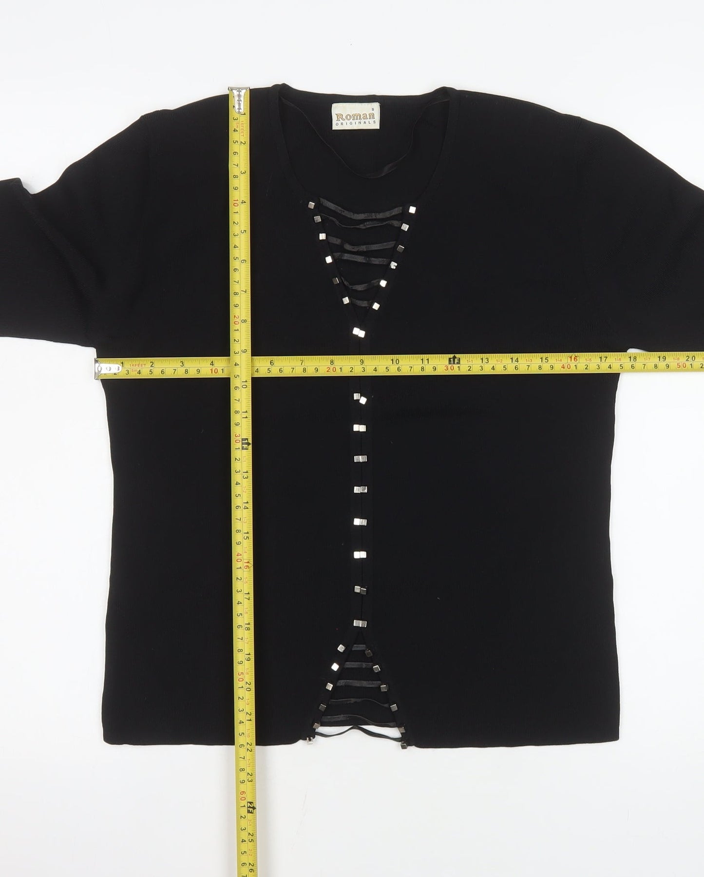 Roman Originals Women Black Studded V-Neck Long Sleeve Knit Blouse Size S