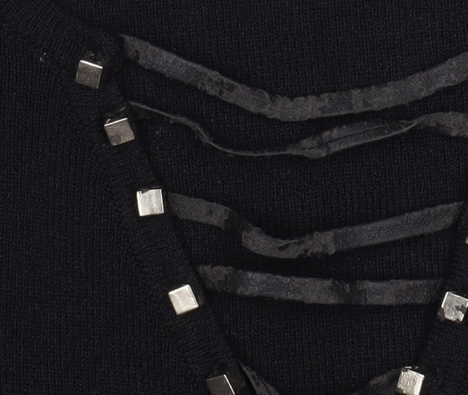 Roman Originals Women Black Studded V-Neck Long Sleeve Knit Blouse Size S