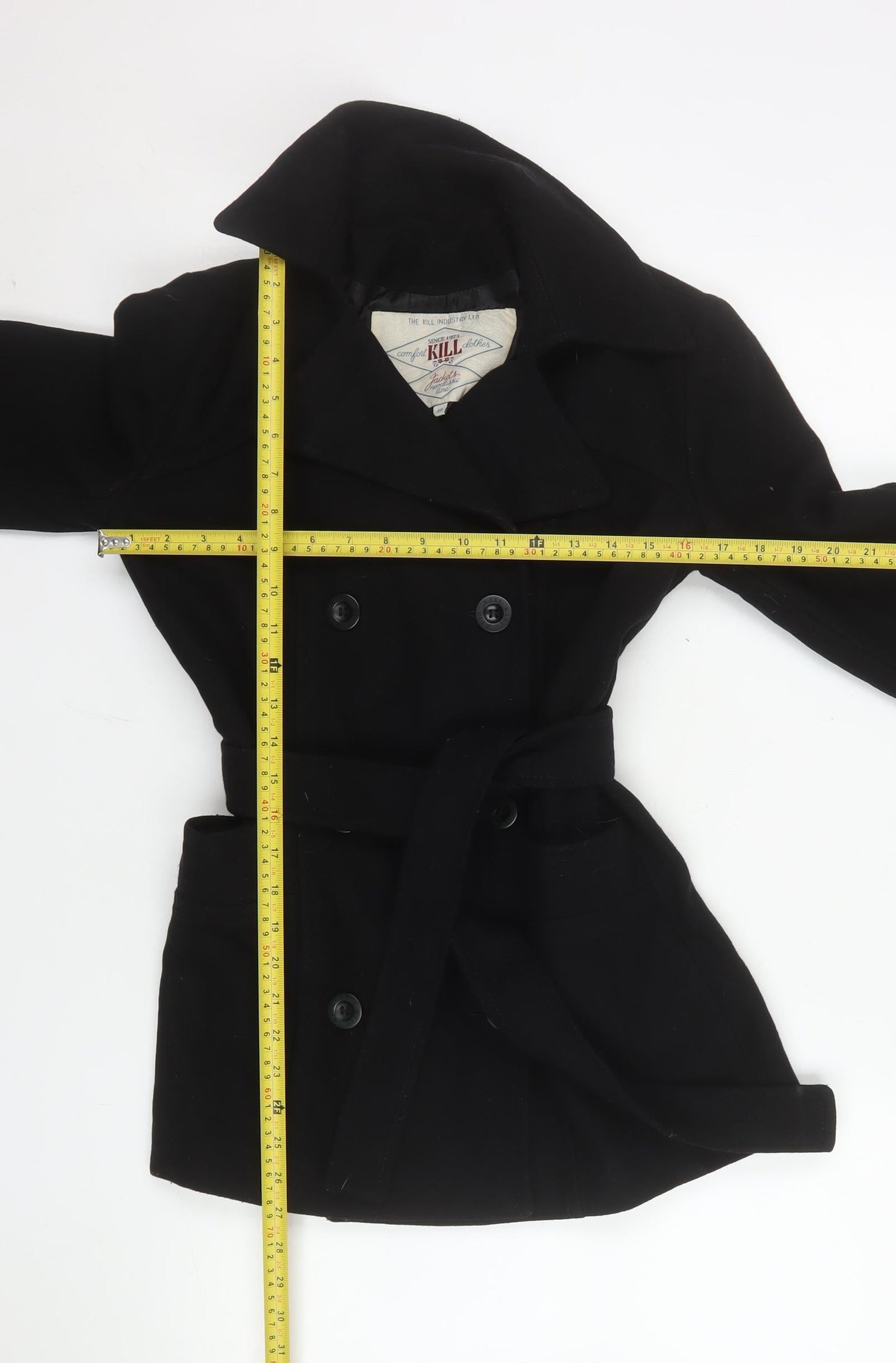 The Kill Industry Womens Black Wool Pea Coat Size 12 Belted