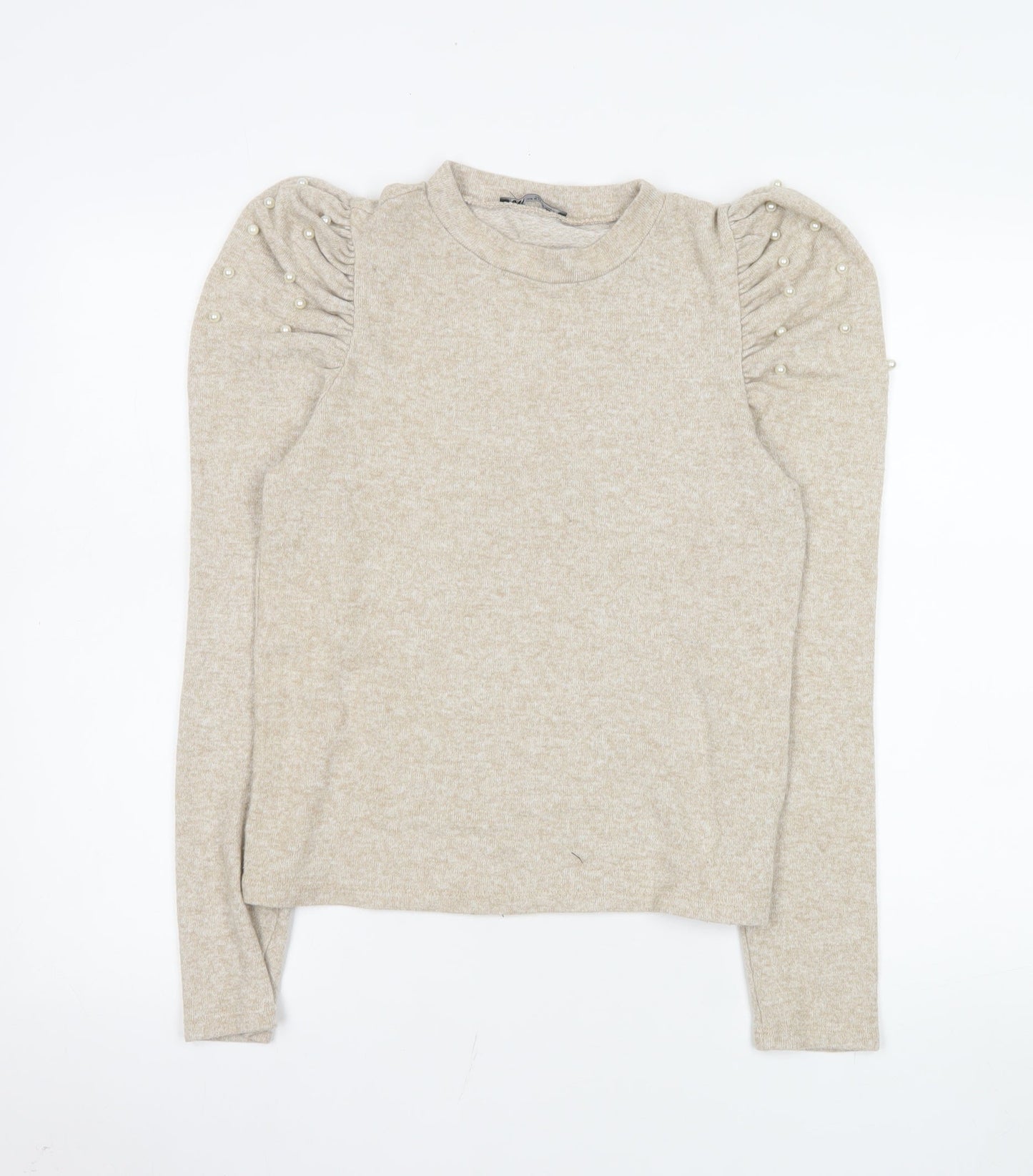 Zara Womens Beige Puff Sleeve Beaded Knit Top Size 12