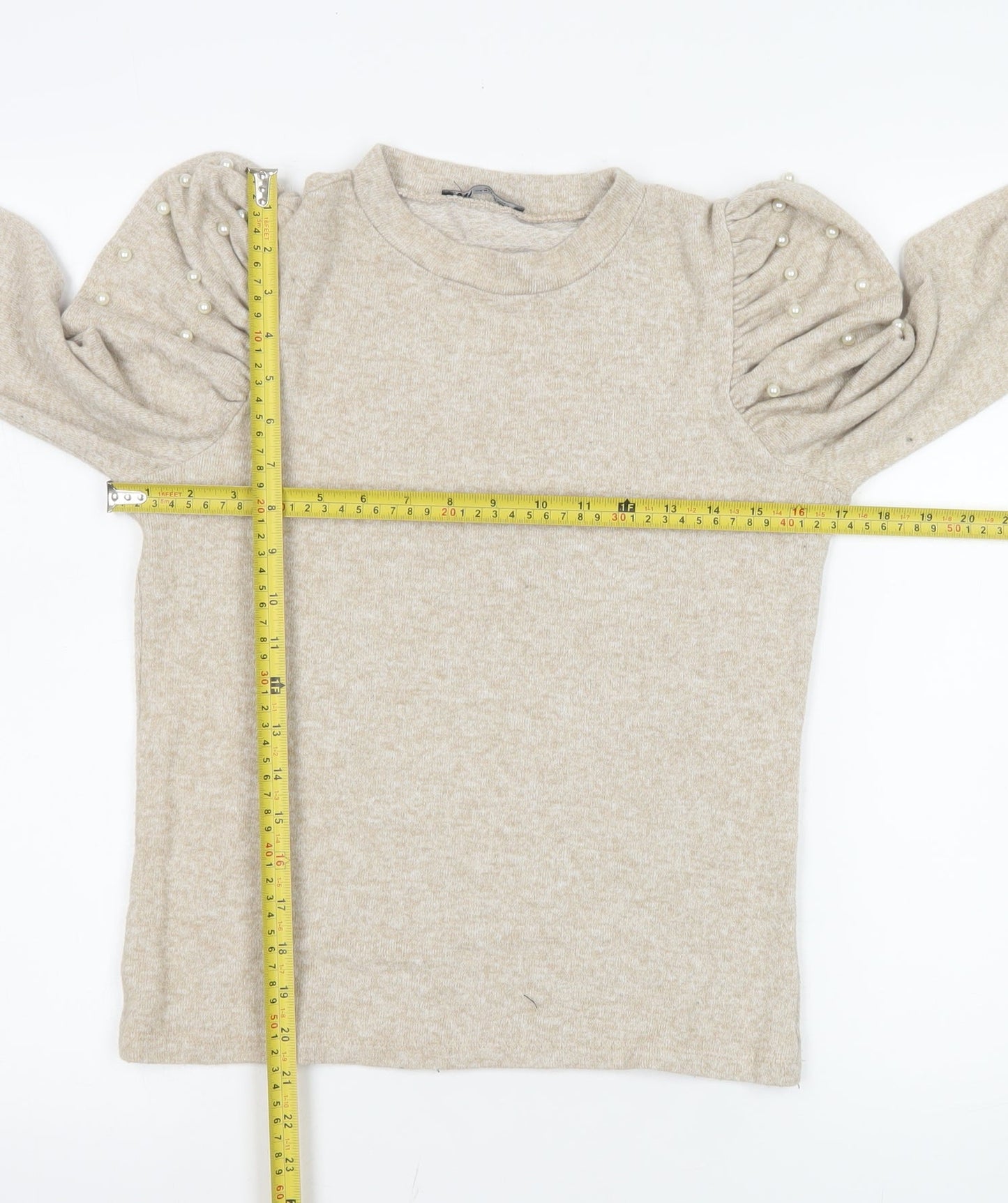 Zara Womens Beige Puff Sleeve Beaded Knit Top Size 12