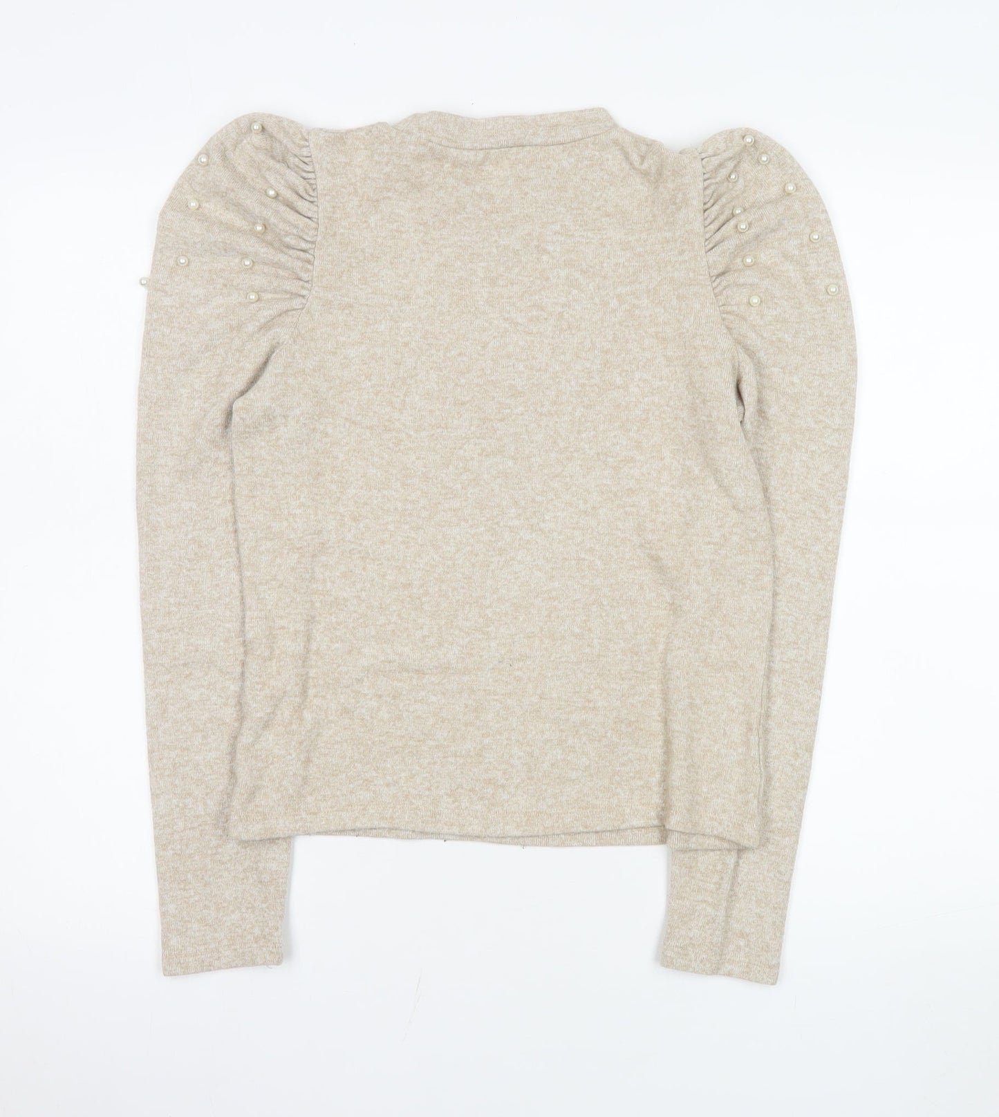 Zara Womens Beige Puff Sleeve Beaded Knit Top Size 12
