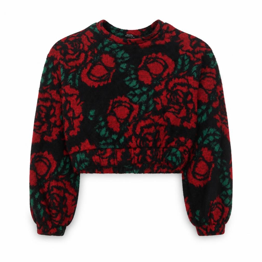 Bershka Women Black Red Floral Pullover Sweater Size M Wool Blend