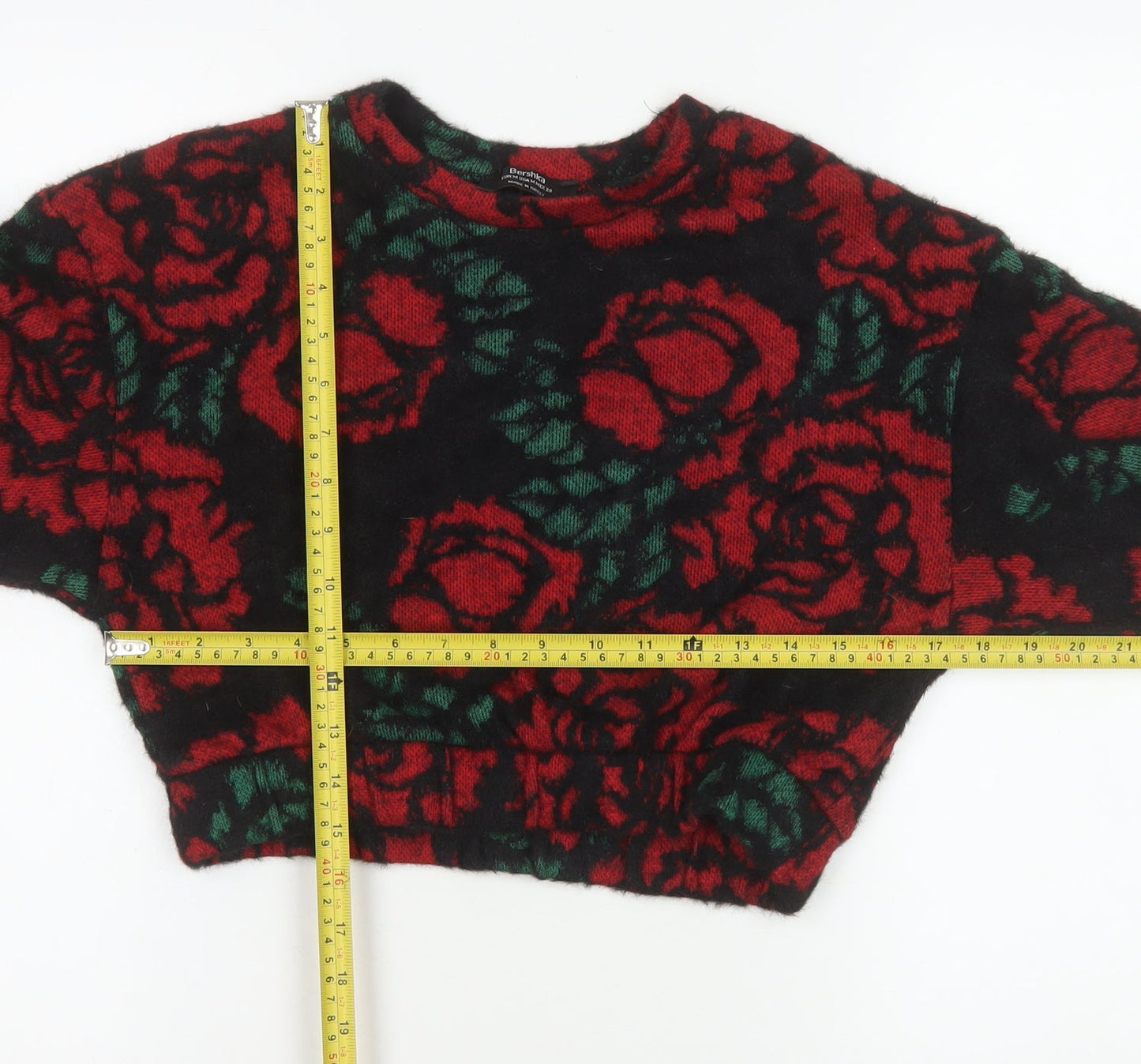 Bershka Women Black Red Floral Pullover Sweater Size M Wool Blend
