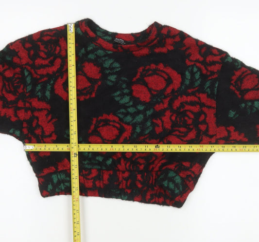 Bershka Women Black Red Floral Pullover Sweater Size M Wool Blend