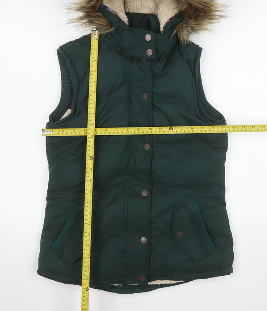 Fat Face Women's Green Faux Fur Hooded Puffer Gilet Size 10