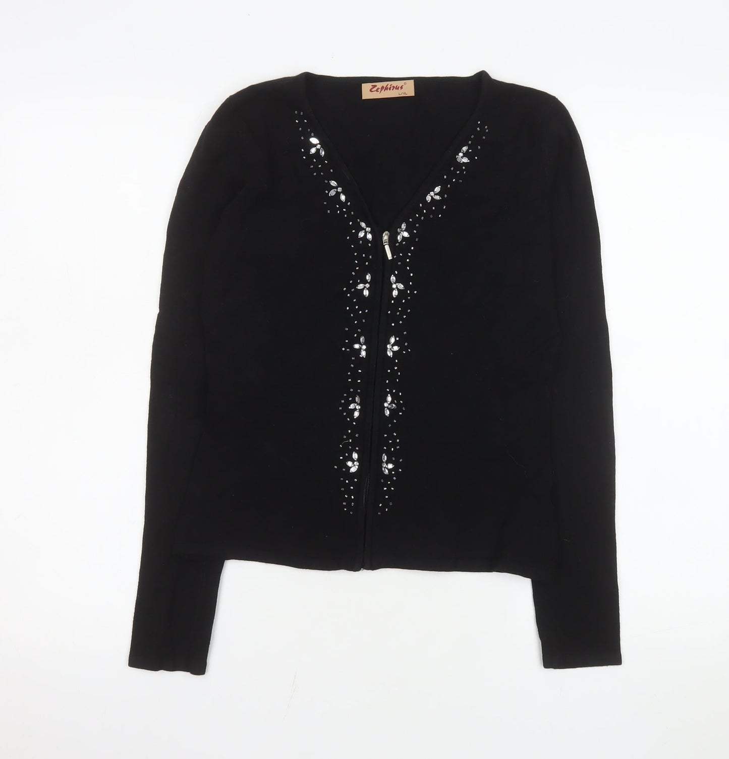 Zephirus Womens Black Beaded Full Zip Knit Jacket L Regular