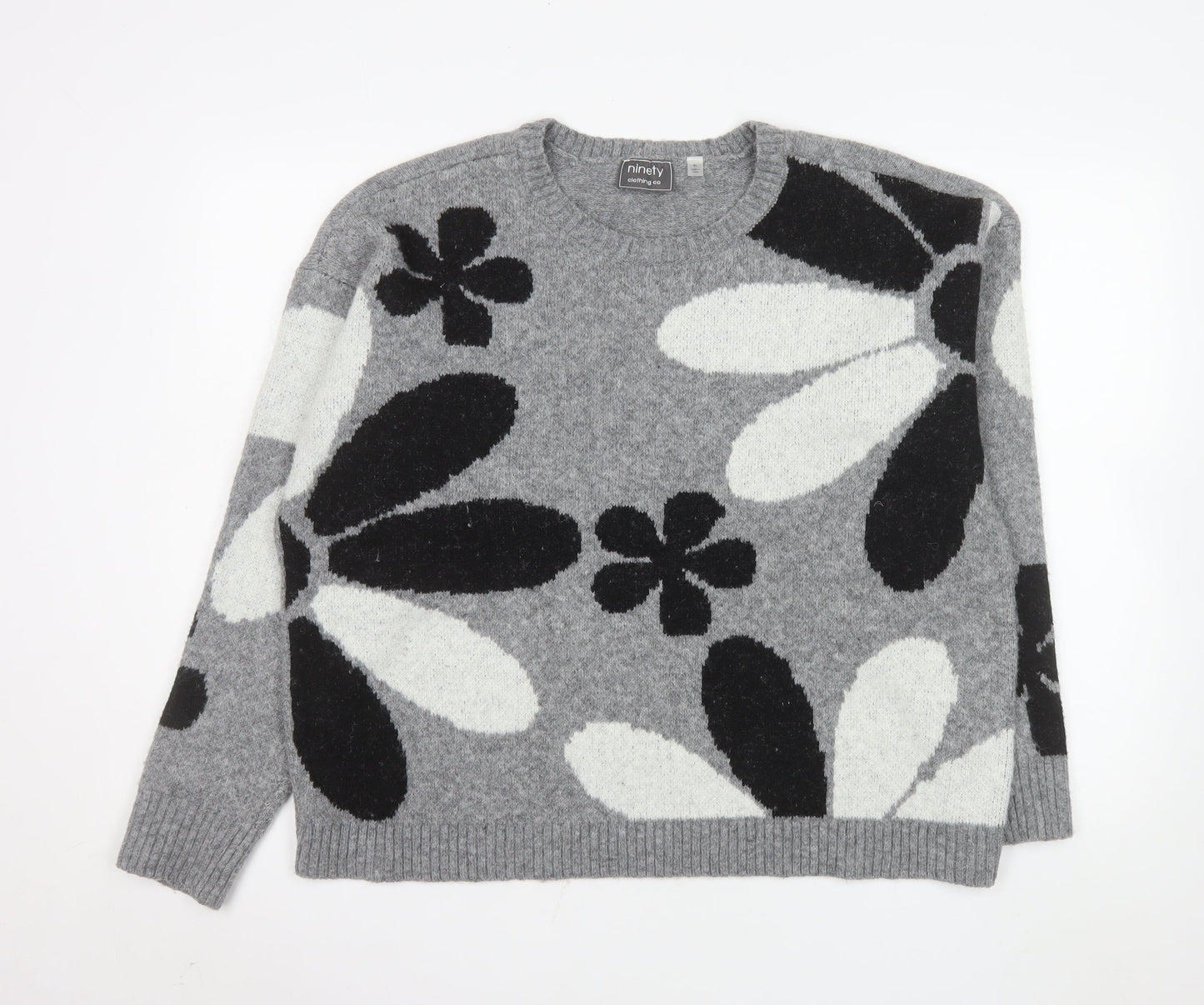 Ninety Clothing Co Women Grey Floral Knit Pullover Jumper XL