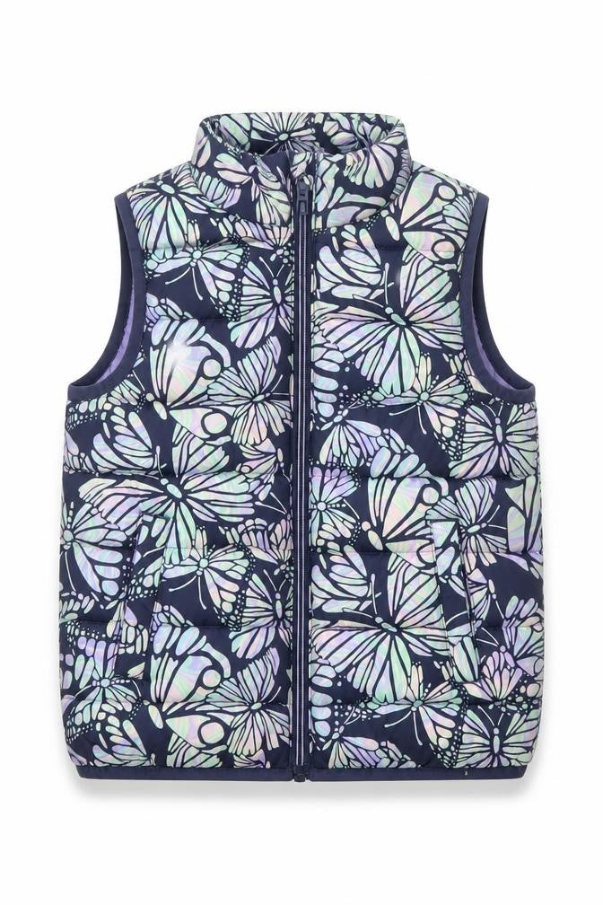 Front view of Mountain Warehouse girls’ multicoloured butterfly puffer waistcoat 5-6 years water resistant