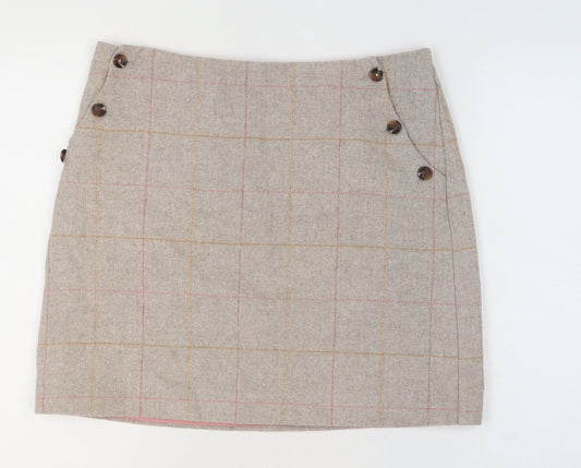 Joules Womens Beige Wool Blend Check Knee Length A-Line Skirt UK 14