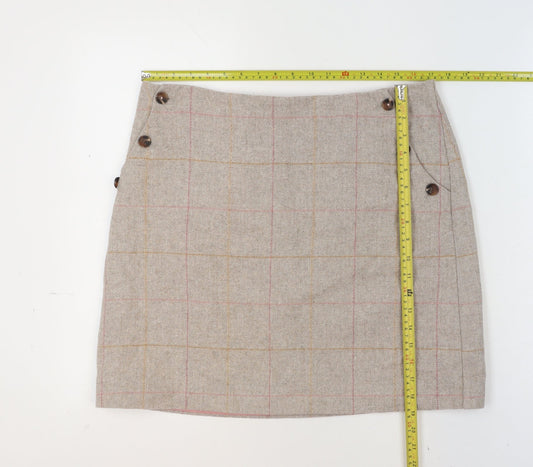 Joules Womens Beige Wool Blend Check Knee Length A-Line Skirt UK 14
