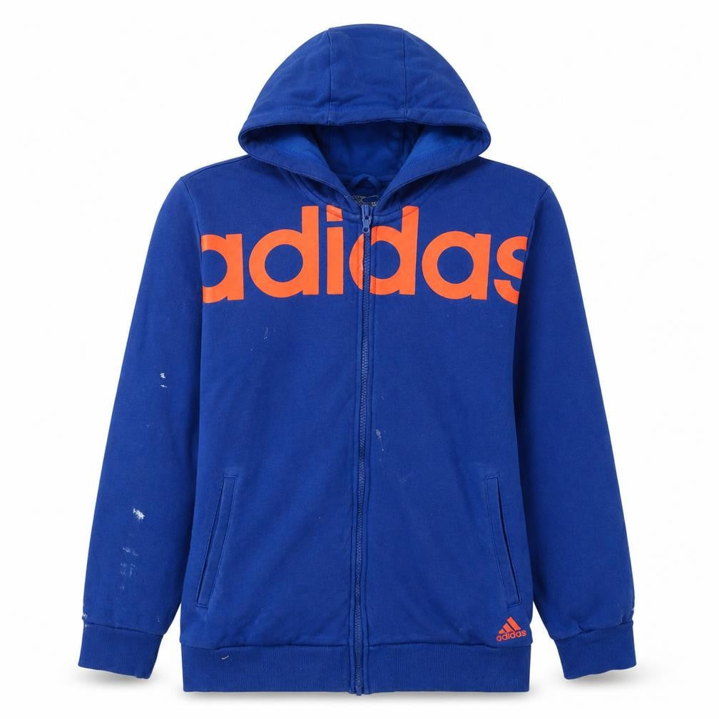 Front view of Adidas Men's Blue Full Zip Hoodie, size L, Climalite Sportswear