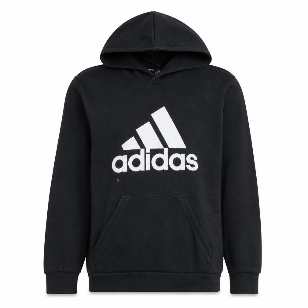 Front view of adidas men’s black pullover hoodie medium logo graphic sportswear