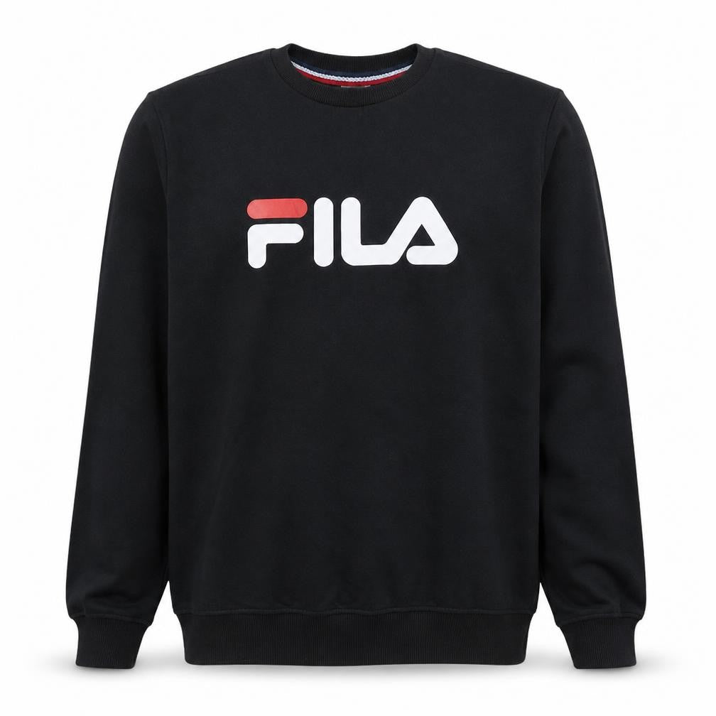 Front view of Fila men’s black small logo crew neck pullover sweatshirt
