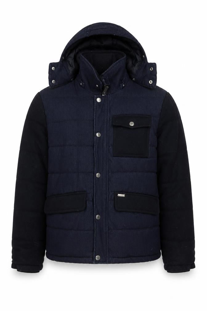 Zara Man Blue Puffer Jacket Men's M Hooded Winter Denim Cotton Blend