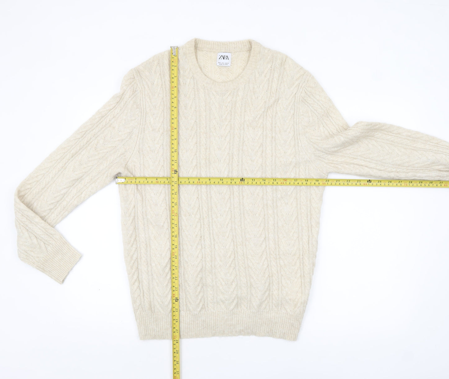 ZARA Mens Beige Cable-Knit Wool Blend Pullover Jumper L