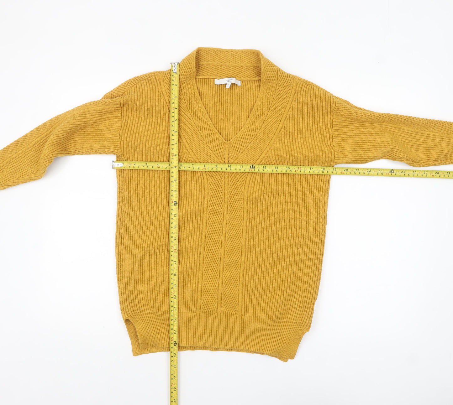 Next Women Yellow V-Neck Long Sleeve Ribbed Pullover Jumper Size S
