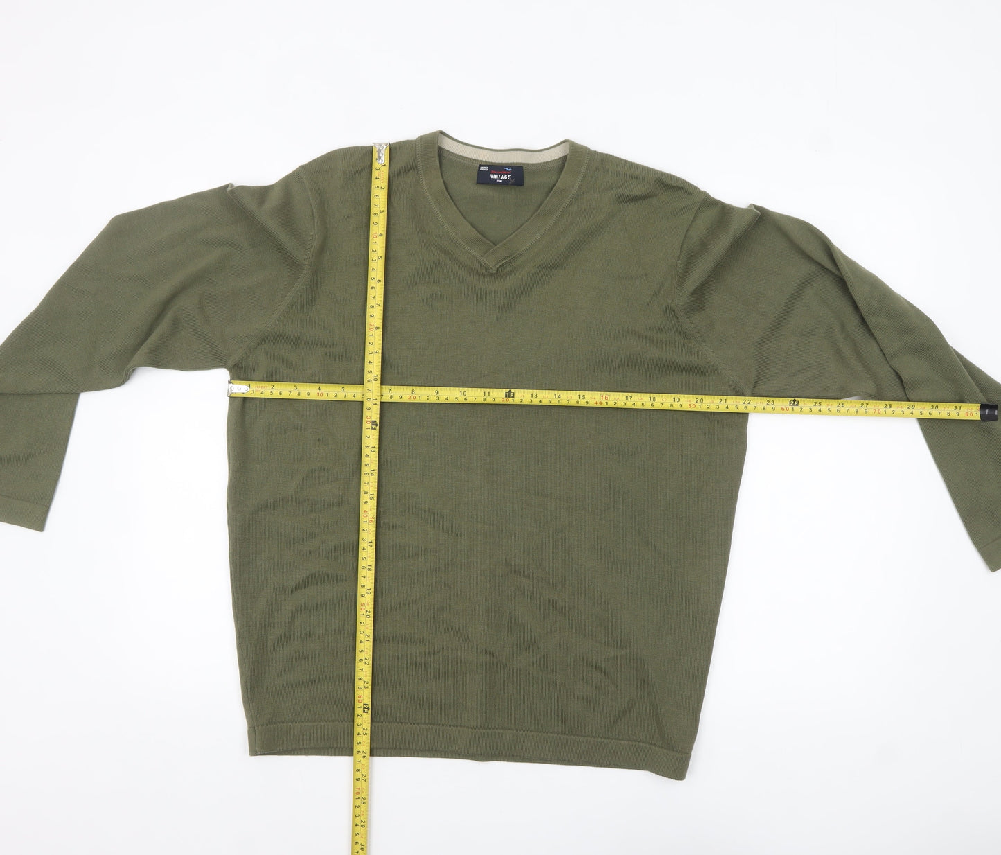 Marks and Spencer Men's Khaki V-Neck Cotton Jumper Large