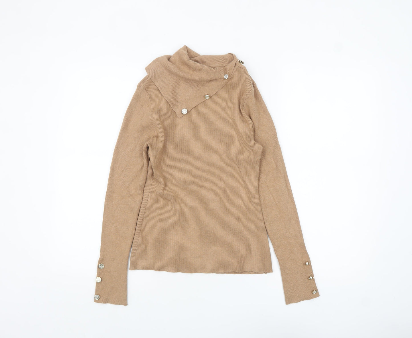 Lipsy Women Beige High Neck Button Detail Slim Fit Jumper Size 12