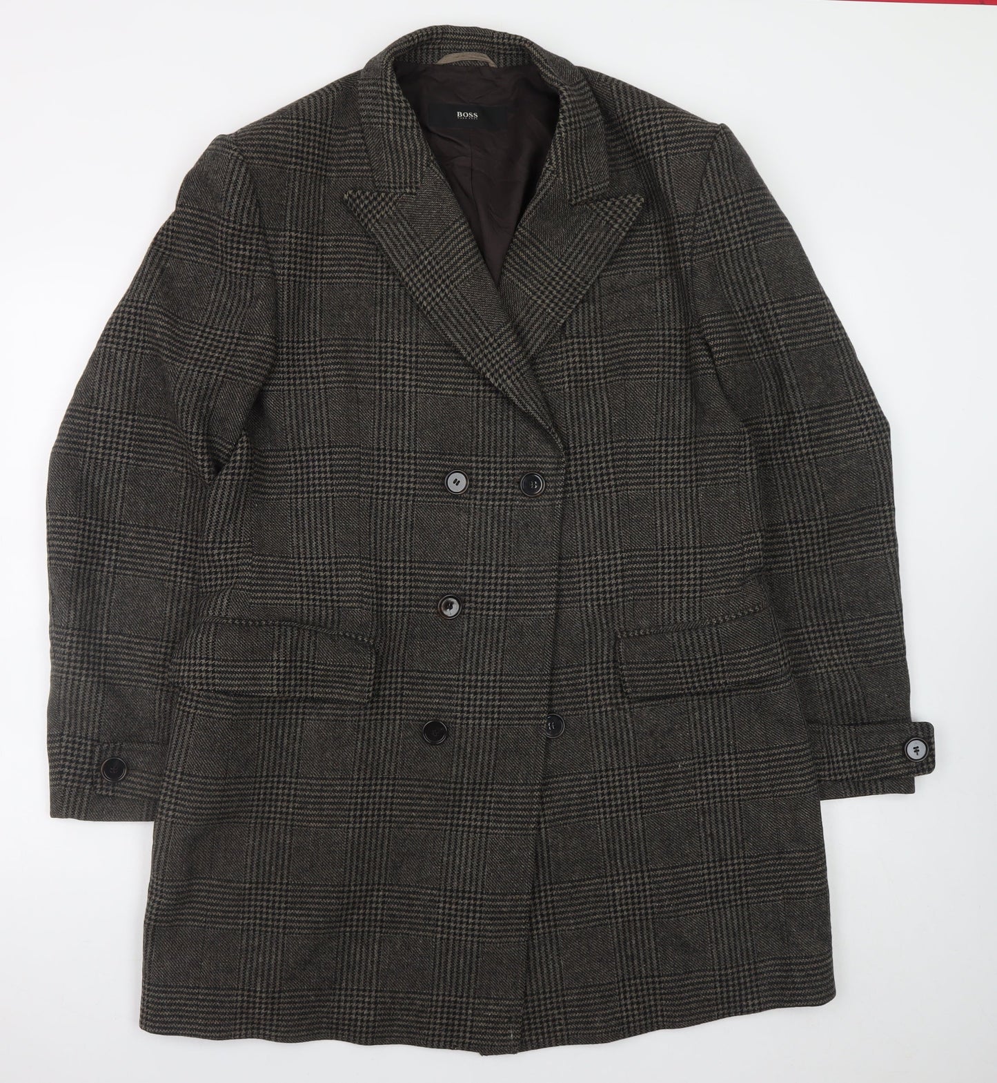 Hugo Boss Men's Grey Checked Wool Overcoat Size 42R Classic Double-Breasted
