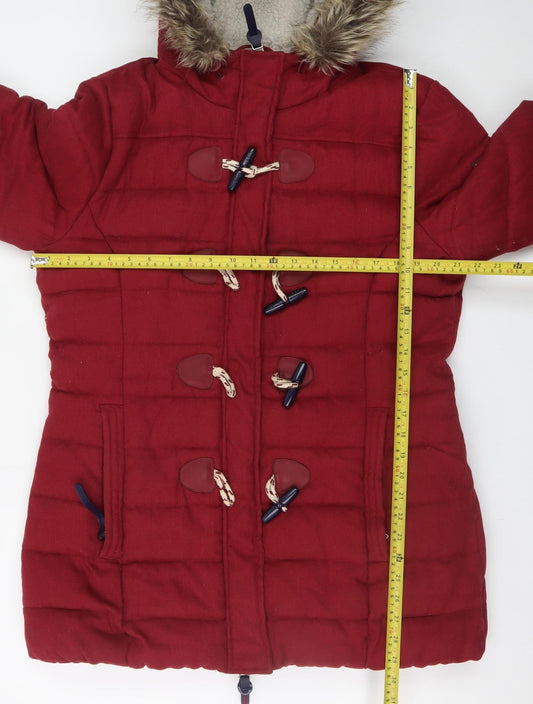 Superdry Women's Red XL Mid-Length Duffle Coat Hooded Faux Fur Trim