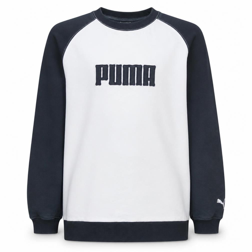 Front view of Puma boys’ black & white pullover sweatshirt, size 14, years crew neck