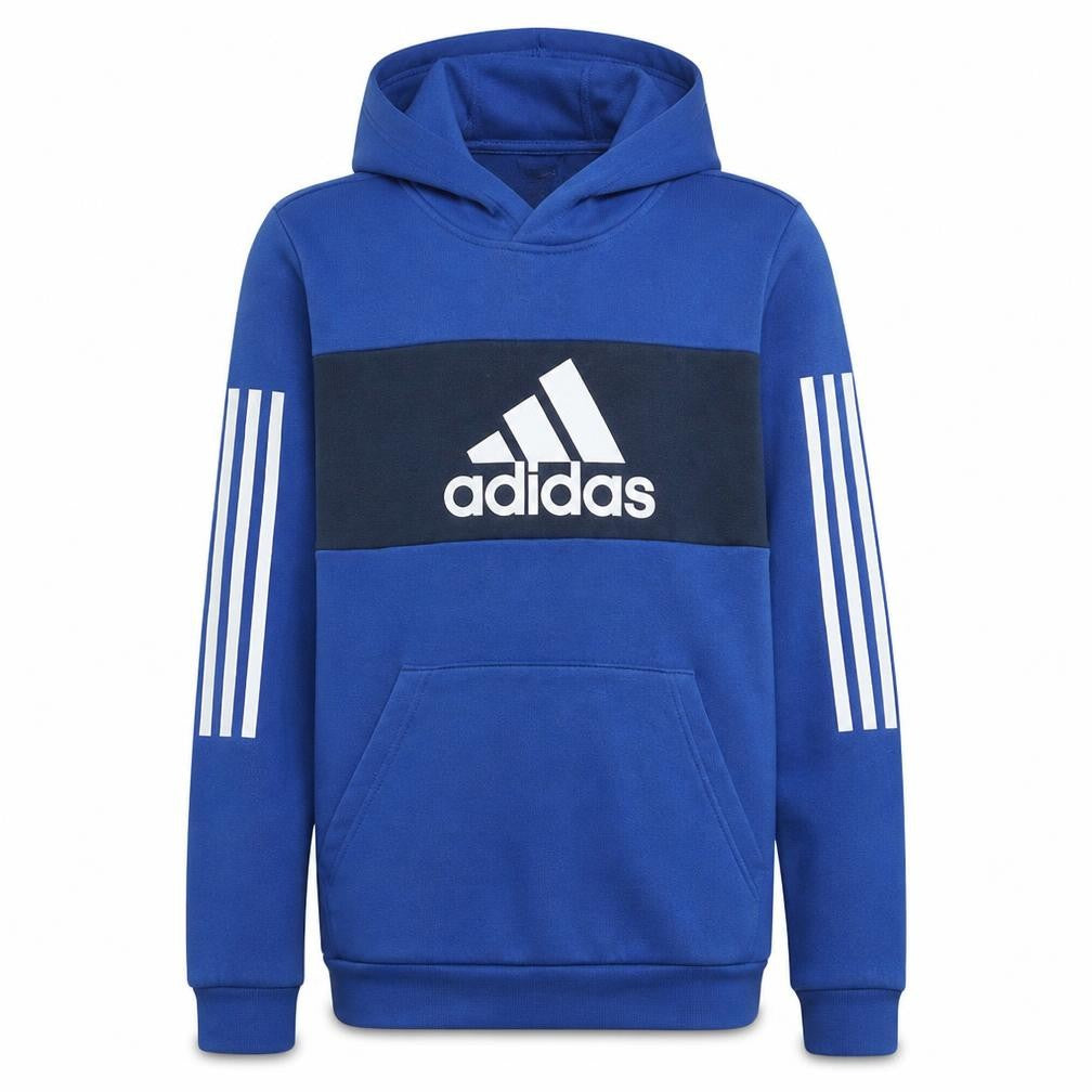 Front view of Adidas boys’ blue pullover hoodie 15-16 years colourblock logo sweatshirt