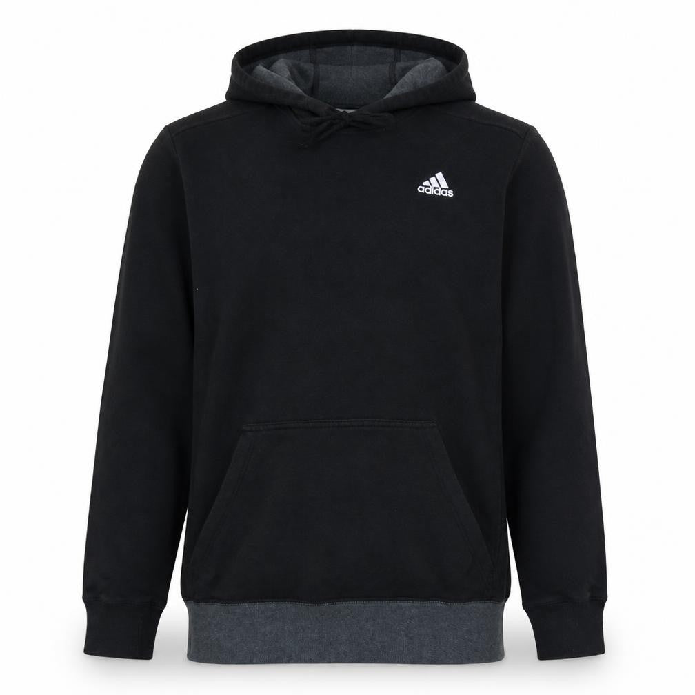 Front view of Adidas Men's Black Pullover Hoodie, size M, Sports Fleece Sweatshirt